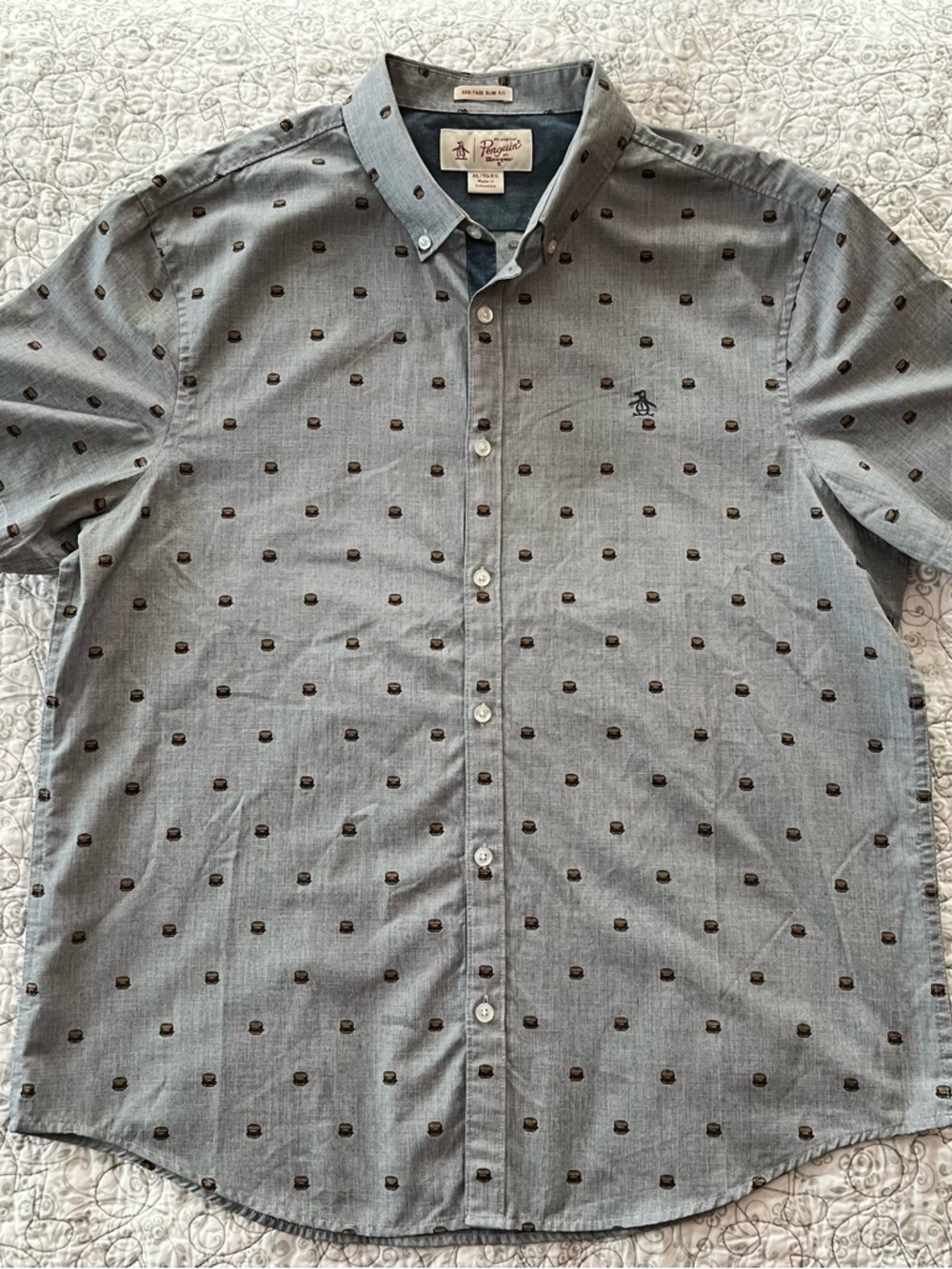 Original Penguin Men’s Gray Novelty Shirt w/ Hamburgers Print Surfer Preppy Fun